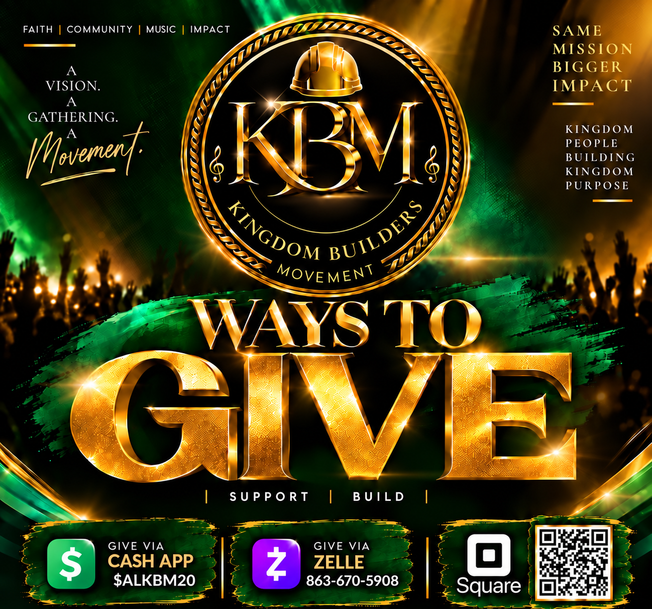 Kingdom Builders Movement Ways to Give graphic showing Cash App, Zelle, and Square giving options